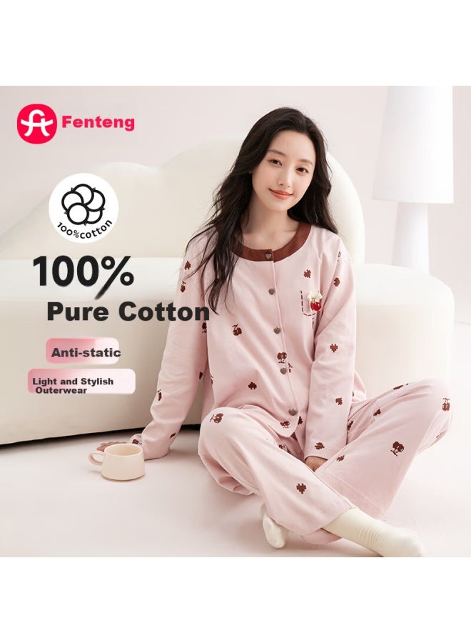 Fenton Fenteng Women's Pajamas, 100% Pure Cotton, Anti-static, Autumn New Arrival, Contrasting Color Round Neck Sweet Cherry Ladies Loungewear - Image 1