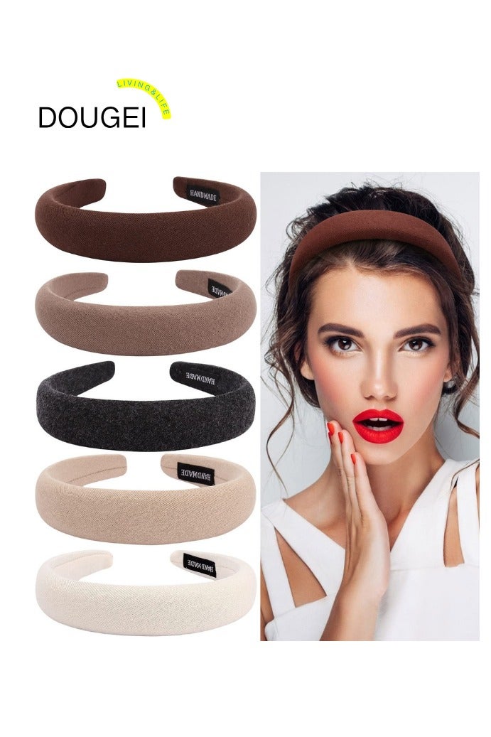 DOUGEI 5 Pack Soft Padded Headbands for Women and Girls，Fashion Solid Color Wide Turban Hair Accessories - Image 1