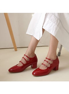 Red Mary Vintage Shoes 2025 Spring New Style Single Shoes With One-Row Lace French Style Shallow Medium High Heel Rubber Sole Red