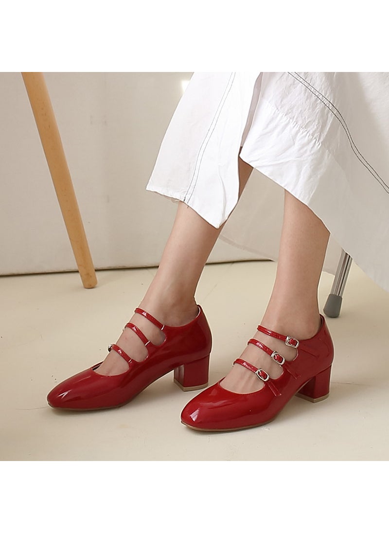 Generic - Red Mary Vintage Shoes 2025 Spring New Style Single Shoes With One-Row Lace French Style Shallow Medium High Heel Rubber Sole Red - Image 1
