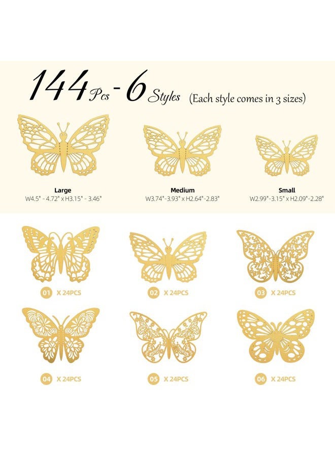 BTYMS 144 Pcs Gold Butterfly Wall Decor, 3D Butterfly Stickers 6 Styles and 3 Sizes, Removable Mural Stickers Metallic Butterflies Decorations for Walls - Image 2