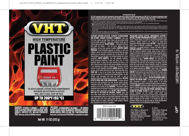 VHT Duplicolor ESP821007 Red High Temperature Plastic Paint, 11. Fluid_Ounces - Image 1