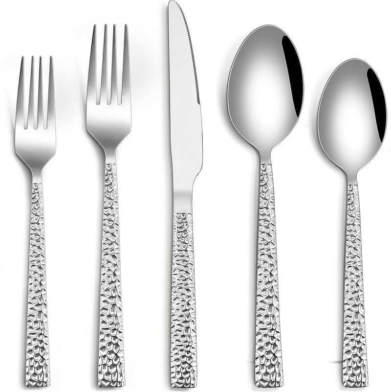 HaWare Hammered Silverware Set 20Piece Stainless Steel Flatware for 4 Eating Utensils Tableware Cutlery for Kitchen Hotel Restaurant Party Mirror Polished  Dishwasher Safe - Image 1