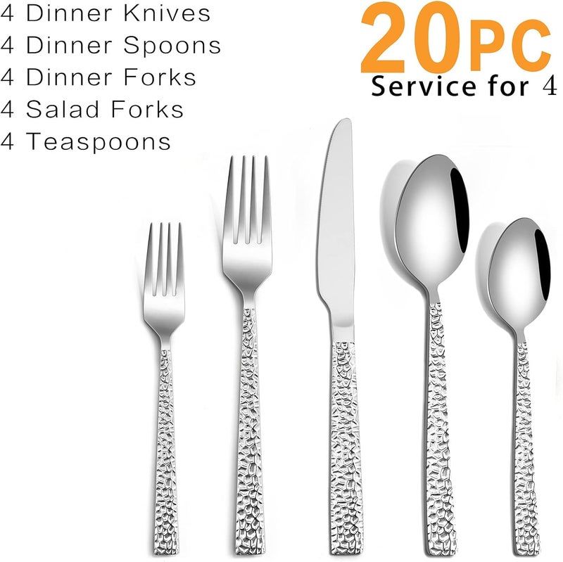 HaWare Hammered Silverware Set 20Piece Stainless Steel Flatware for 4 Eating Utensils Tableware Cutlery for Kitchen Hotel Restaurant Party Mirror Polished  Dishwasher Safe - Image 2