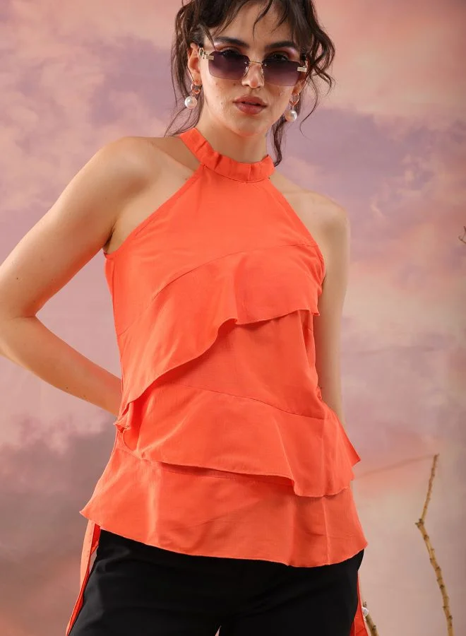 مرفوعة Women Regular Fit Casual Solid Ruffled Top