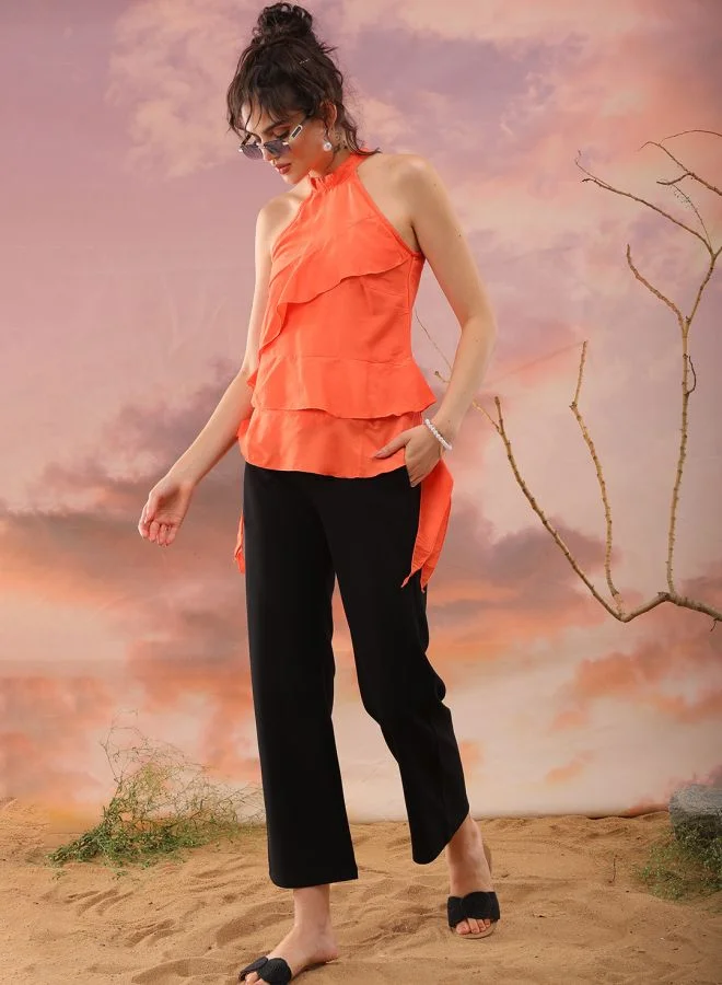 مرفوعة Women Regular Fit Casual Solid Ruffled Top