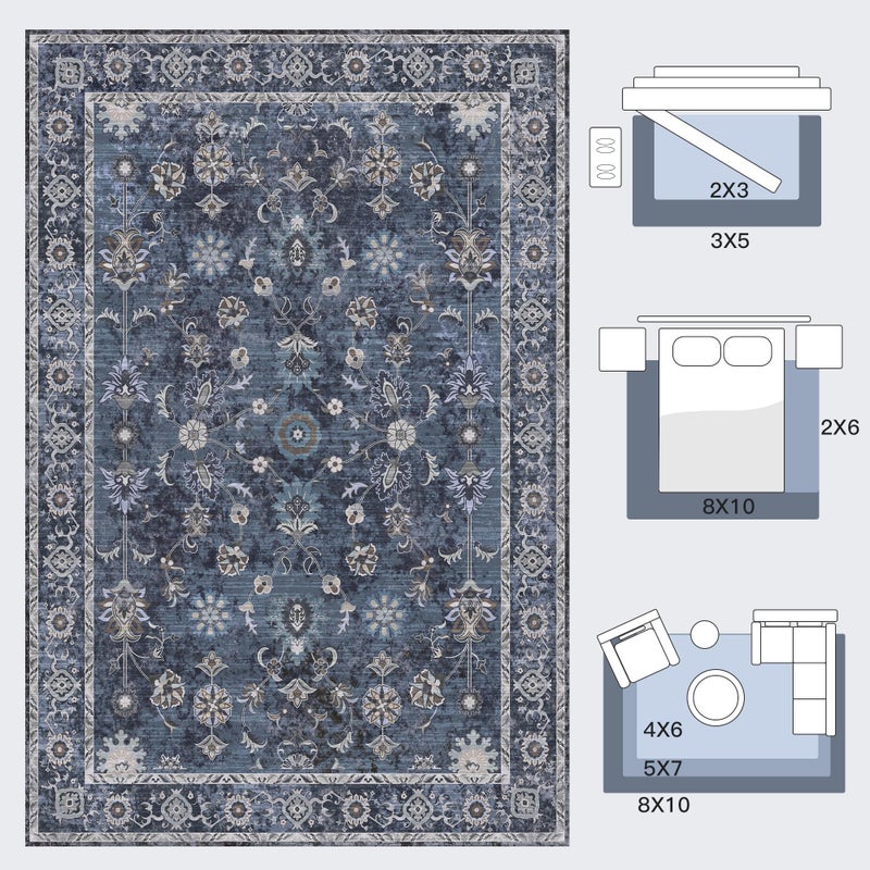 Tangsoo Small Rug 2x3 Throw Rugs for Entryway Washable Entry Rug Non Slip, Vintage Blue Floral Indoor Rugs Distressed Small Carpet Soft Low Pile Boho Door Mat for Entrance Bedroom Kitchen Foyer Decor - Image 2