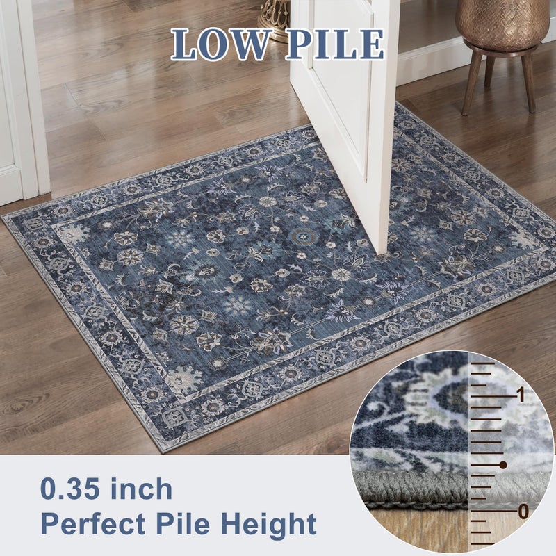 Tangsoo Small Rug 2x3 Throw Rugs for Entryway Washable Entry Rug Non Slip, Vintage Blue Floral Indoor Rugs Distressed Small Carpet Soft Low Pile Boho Door Mat for Entrance Bedroom Kitchen Foyer Decor - Image 3