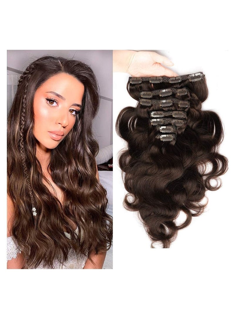 Estelle Clip in Remy Human Hair Extensions for Woman, Body Wave 100g ,7 Pieces ,16 Clips (Dark Brown) - Image 1