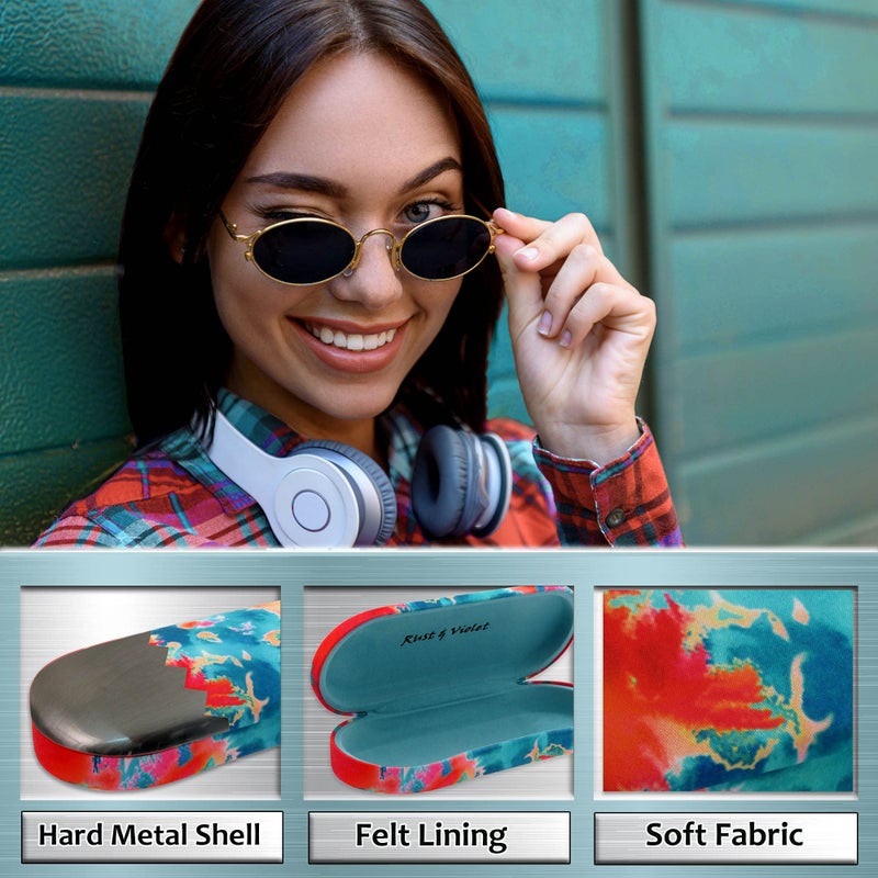 MyEyeglassCase Hard Glasses case - Eyeglass Case Hard Shell in Microfiber Tie Die Print - Medium to Small Sunglasses Holder with Drawstring pouch and Microfiber (AS166L Tie Dye Orange Blue) - Image 3