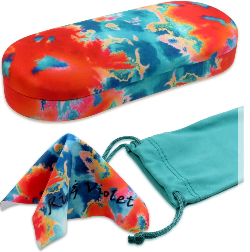MyEyeglassCase Hard Glasses case - Eyeglass Case Hard Shell in Microfiber Tie Die Print - Medium to Small Sunglasses Holder with Drawstring pouch and Microfiber (AS166L Tie Dye Orange Blue) - Image 1