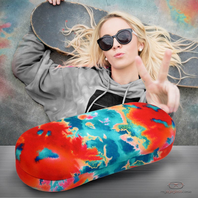 MyEyeglassCase Hard Glasses case - Eyeglass Case Hard Shell in Microfiber Tie Die Print - Medium to Small Sunglasses Holder with Drawstring pouch and Microfiber (AS166L Tie Dye Orange Blue) - Image 2
