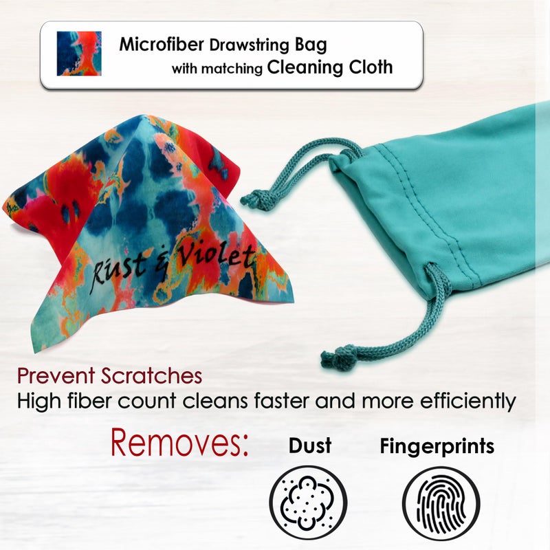 MyEyeglassCase Hard Glasses case - Eyeglass Case Hard Shell in Microfiber Tie Die Print - Medium to Small Sunglasses Holder with Drawstring pouch and Microfiber (AS166L Tie Dye Orange Blue) - Image 5
