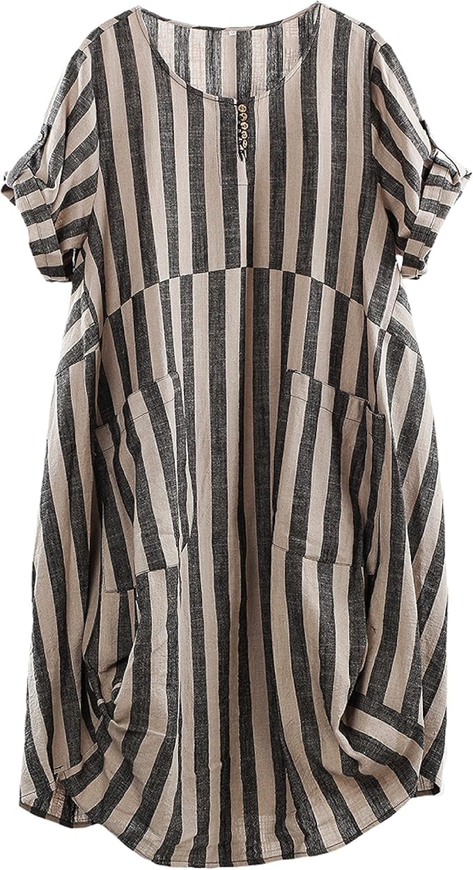 Minibee Womens Ruffle Oversize Casual Midi Dresses with Pockets Style 2 Black Stripe XXL