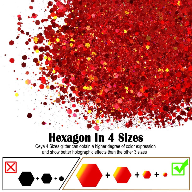 Ceya Holographic Chunky Glitter 4.9oz/ 140g Red Glitter Craft Roses Glitter Powder Mixed Chunky Flakes Iridescent Nail Sequins for Nail Art,Hair,Epoxy Resin,Tumbler,Slime,Painting,Festival Decor - Image 2