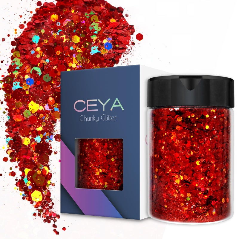 Ceya Holographic Chunky Glitter 4.9oz/ 140g Red Glitter Craft Roses Glitter Powder Mixed Chunky Flakes Iridescent Nail Sequins for Nail Art,Hair,Epoxy Resin,Tumbler,Slime,Painting,Festival Decor - Image 1