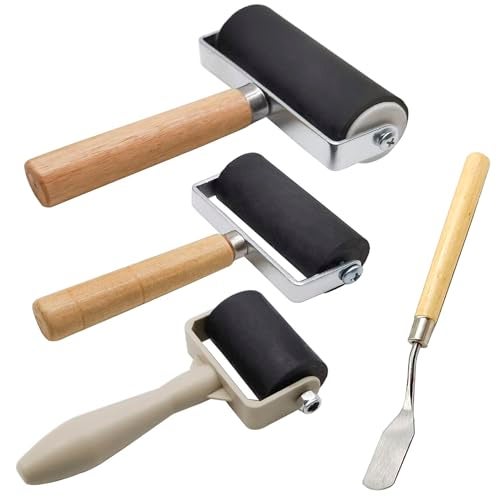 HRJZF 4 Pack Rubber Roller Brayer Rollers with 3 Size for Crafting Brayer Rollers for Printmaking Brayer Tool Paint Brush Ink Applicator Art Craft Oil Painting Tool 14 in24 in4 in 1 Scraper HRJZF - Image 1