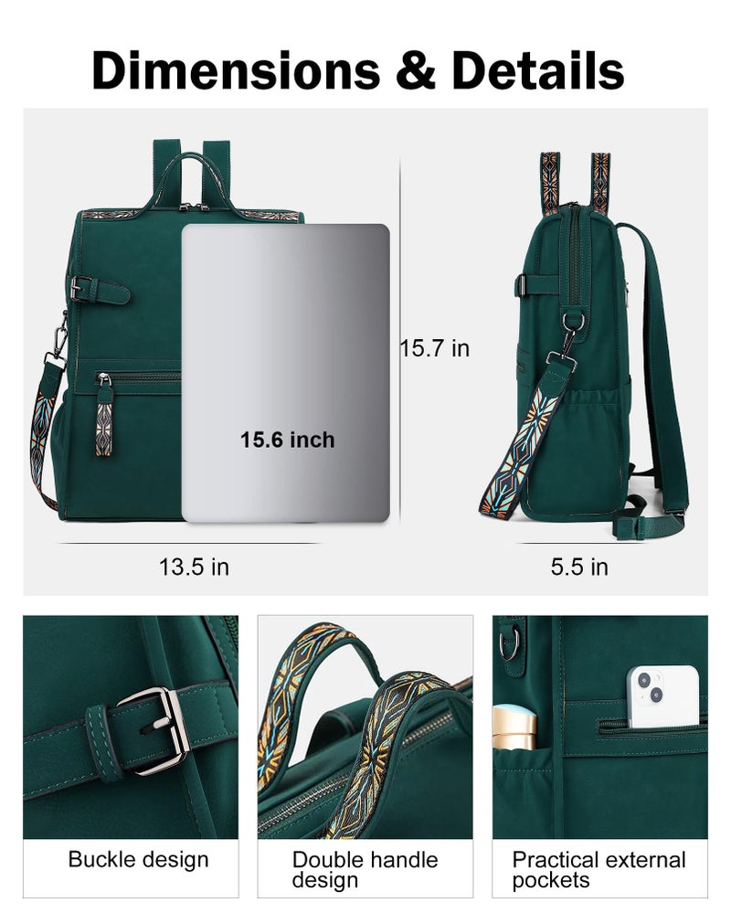 FADEON Leather Laptop Backpack for Women, Designer Ladies Work Travel Computer Backpack with Laptop Compartment Suede Green - Image 2