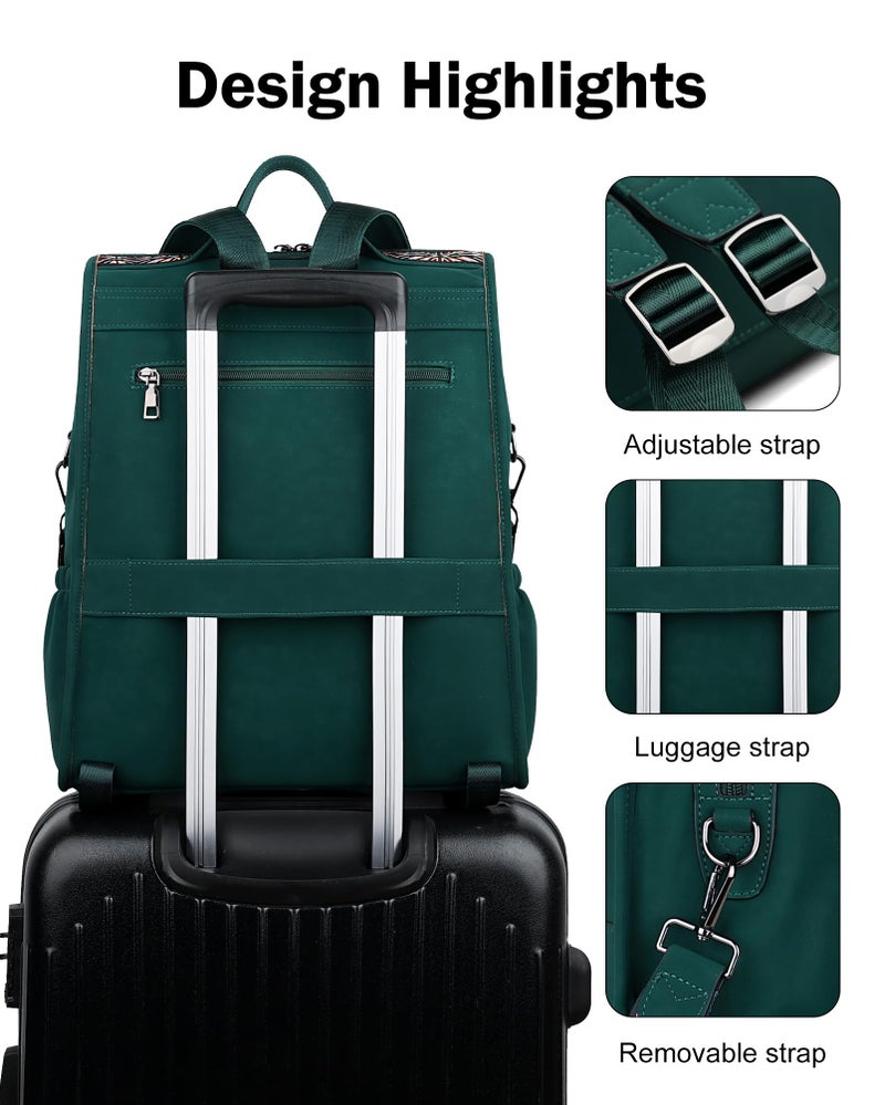 FADEON Leather Laptop Backpack for Women, Designer Ladies Work Travel Computer Backpack with Laptop Compartment Suede Green - Image 4