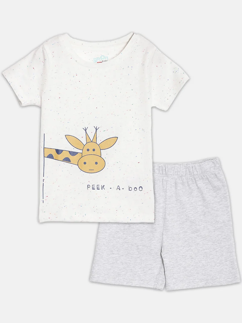Broon Broon Infant Boys White and Grey Printed Organic Cotton T-shirt with Shorts Set