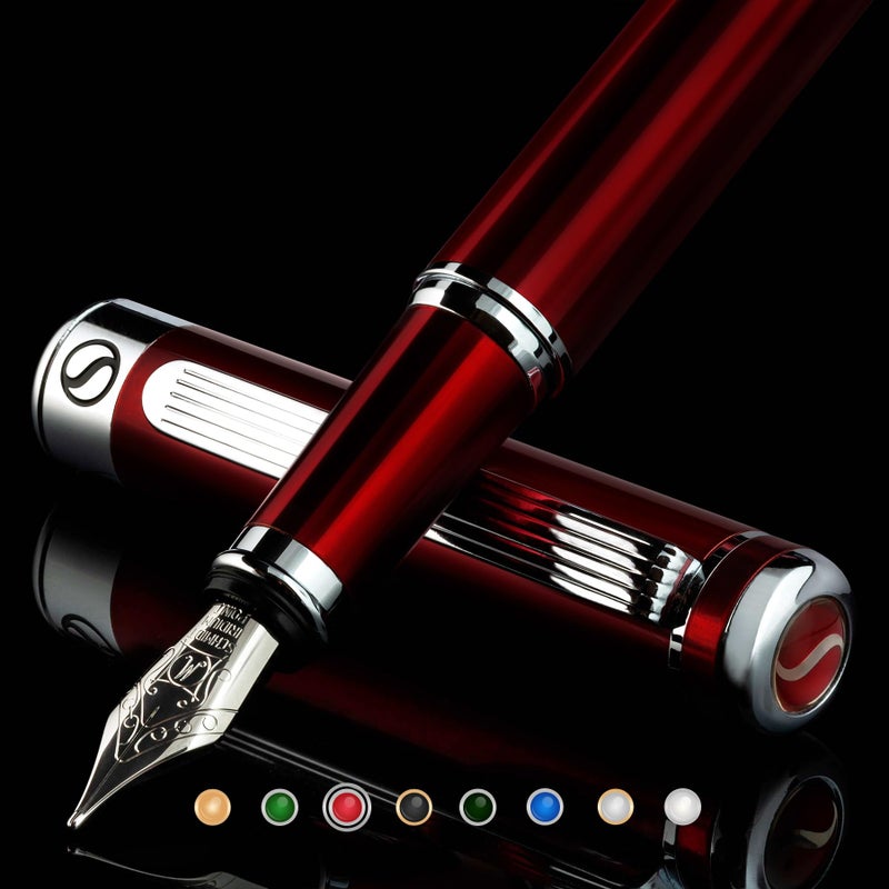 Scriveiner Deep Crimson Red Fountain Pen - Stunning Luxury Pen with Chrome Finish, Schmidt Nib (Medium), Best Pen Gift Set for Men & Women, Professional, Executive, Office, Nice Pens - Image 1