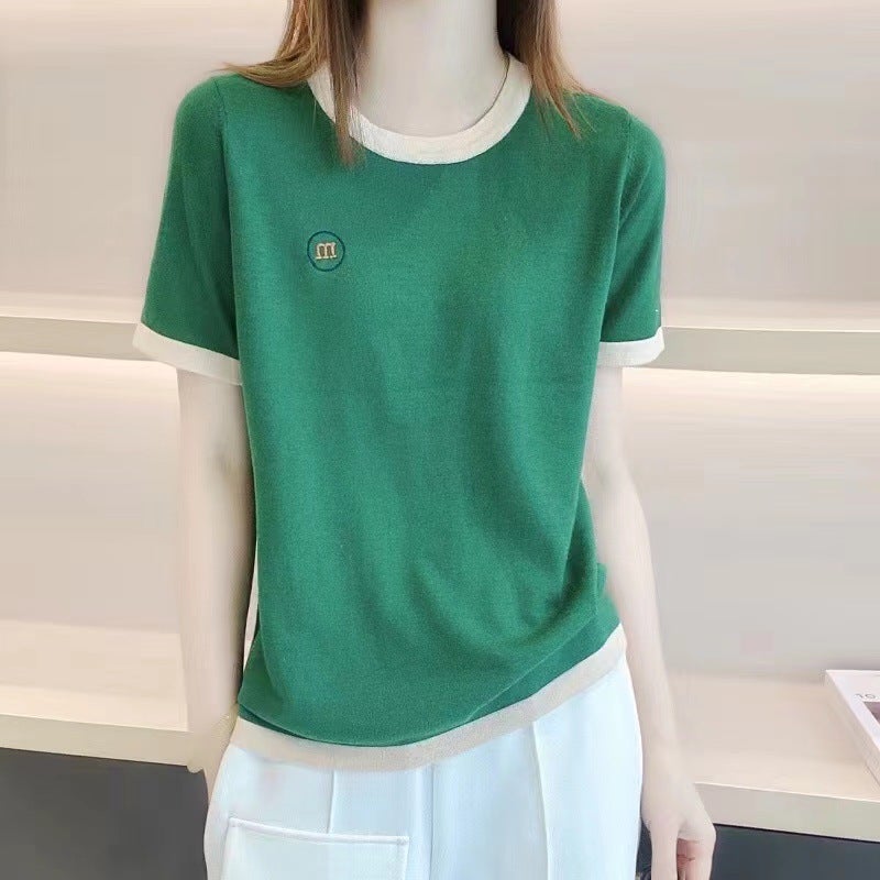 Summer Thin Worsted Pure Wool Short-sleeved T-shirt Women's Round Neck M-shaped Embroidered Knitted Half-sleeved Tencel Top Base Shirt - Image 1