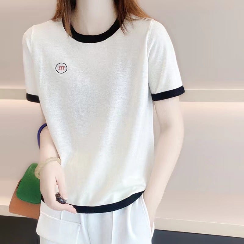 Summer Thin Worsted Pure Wool Short-sleeved T-shirt Women's Round Neck M-shaped Embroidered Knitted Half-sleeved Tencel Top Base Shirt - Image 2