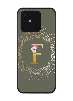 Rugged Black edge case for Redmi 10C 4G  Slim fit Soft Case Flexible Rubber Edges Anti Drop TPU Gel Thin Cover - Custom Monogram Initial Letter Floral Pattern Alphabet - F (Olive Green )