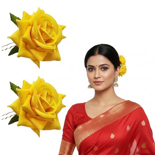LYF5STAR Handmade Bride Yellow Rose Floral Juda Pin For Women| Elegant Rose Wedding Hair Accessories |Traditional Indian Hair Accessories for Women & Girls|Pack Of 2 - Image 1