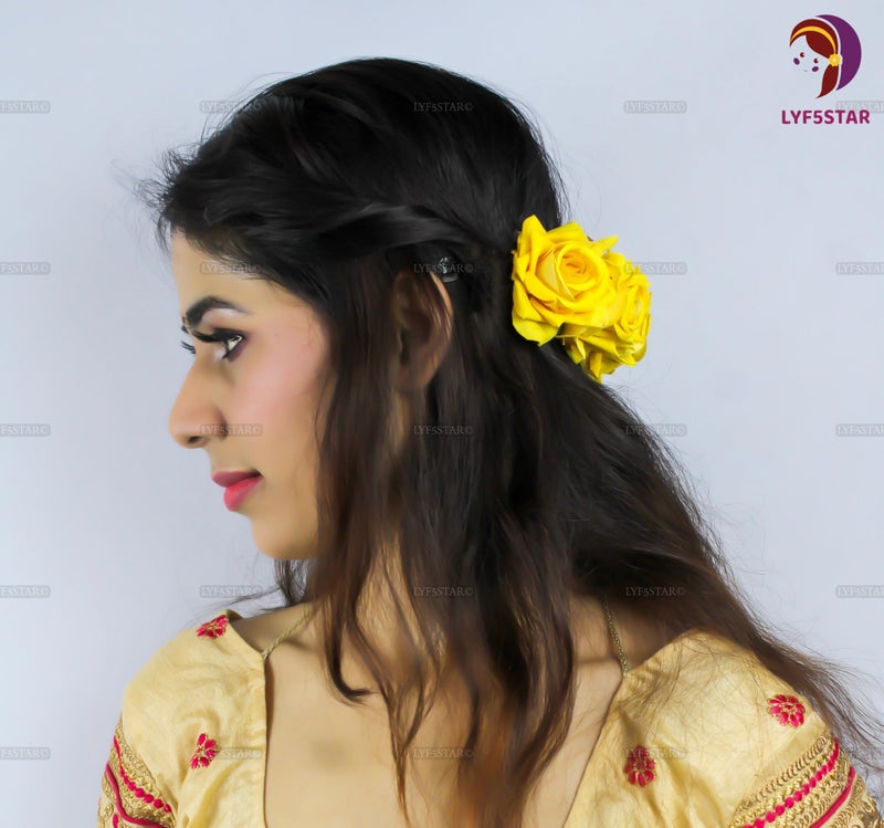 LYF5STAR Handmade Bride Yellow Rose Floral Juda Pin For Women| Elegant Rose Wedding Hair Accessories |Traditional Indian Hair Accessories for Women & Girls|Pack Of 2 - Image 2