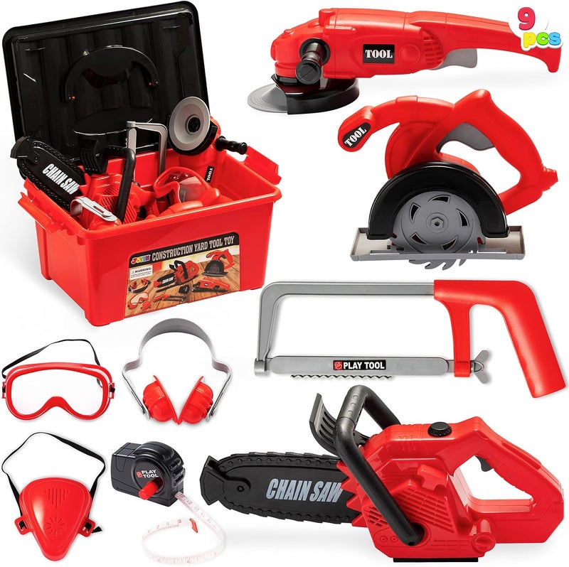 JOYIN 8 Pieces Construction Tool Toy Playset Power Backyard Constructions Tool Kit Pretend Playset Including Realistic Toy Chainsaw in Convenient Storage Box - Image 1