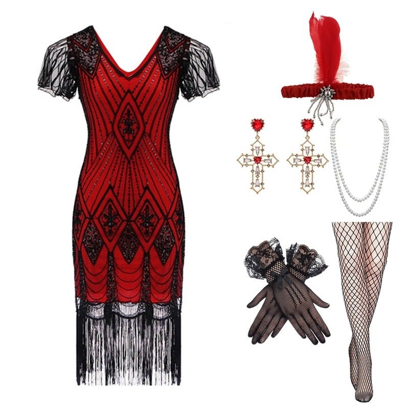 Large Size Retro 1920S Sequin Dress Handmade Beaded Tassel Dress Gatsby Suit - Image 4