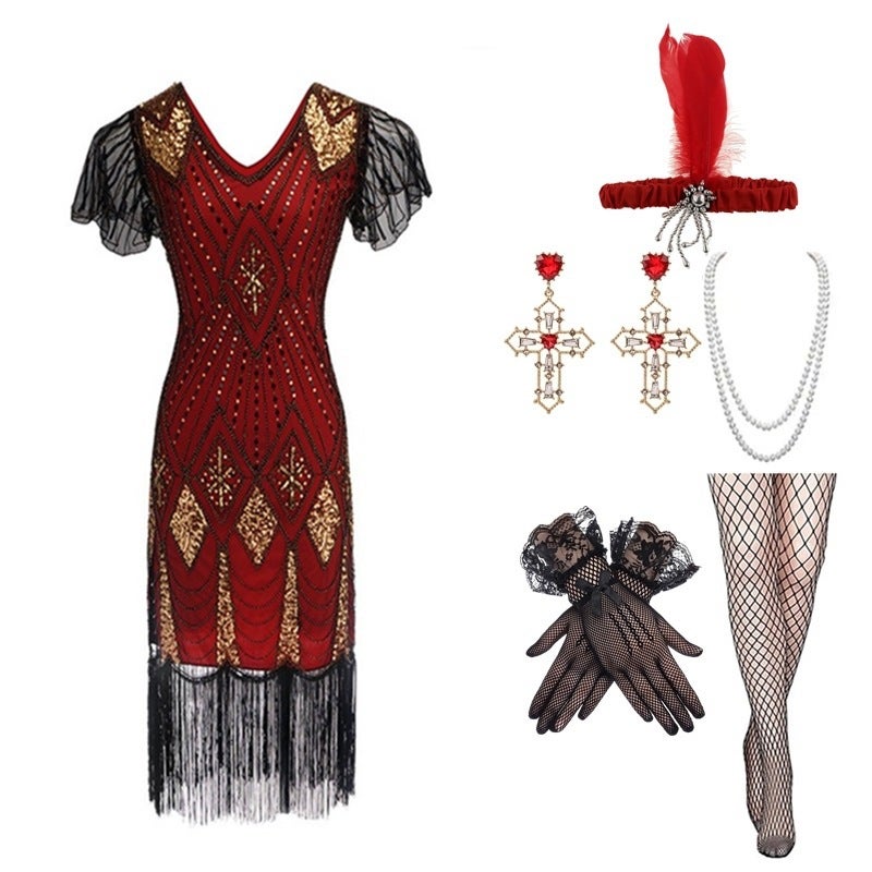 Large Size Retro 1920S Sequin Dress Handmade Beaded Tassel Dress Gatsby Suit - Image 1
