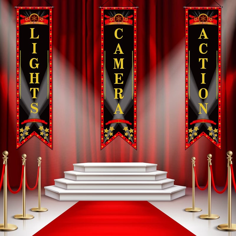 Tegeme Movie Night Porch Sign Banner Movie Theme Party Decorations Theater Welcome Now Showing Lights Camera Action Hanging Porch Sign for Home Film Backdrop Party Supplies (Delicate,Red and Black) - Image 5