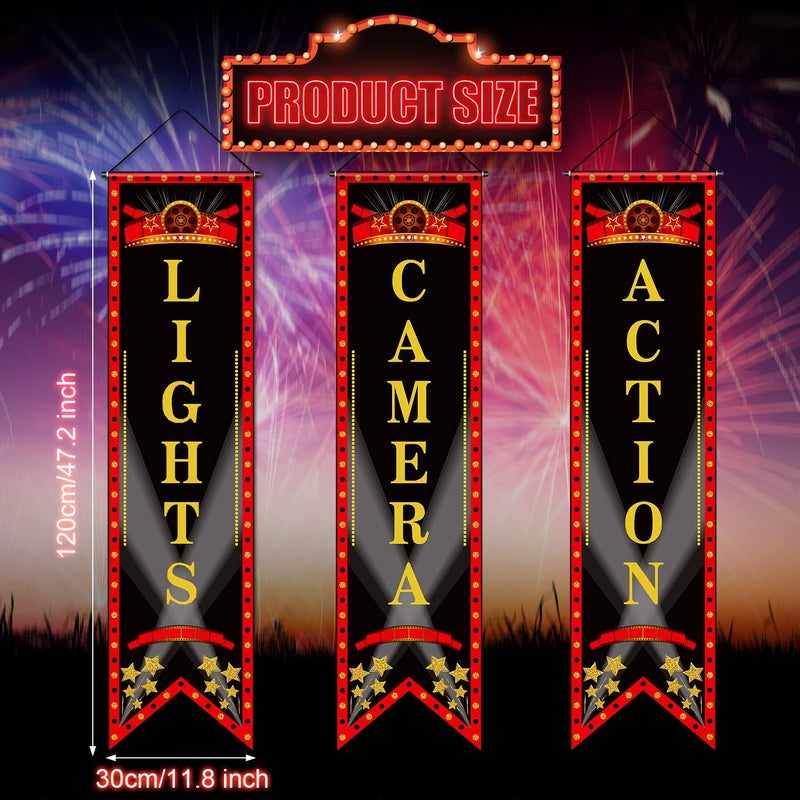 Tegeme Movie Night Porch Sign Banner Movie Theme Party Decorations Theater Welcome Now Showing Lights Camera Action Hanging Porch Sign for Home Film Backdrop Party Supplies (Delicate,Red and Black) - Image 2