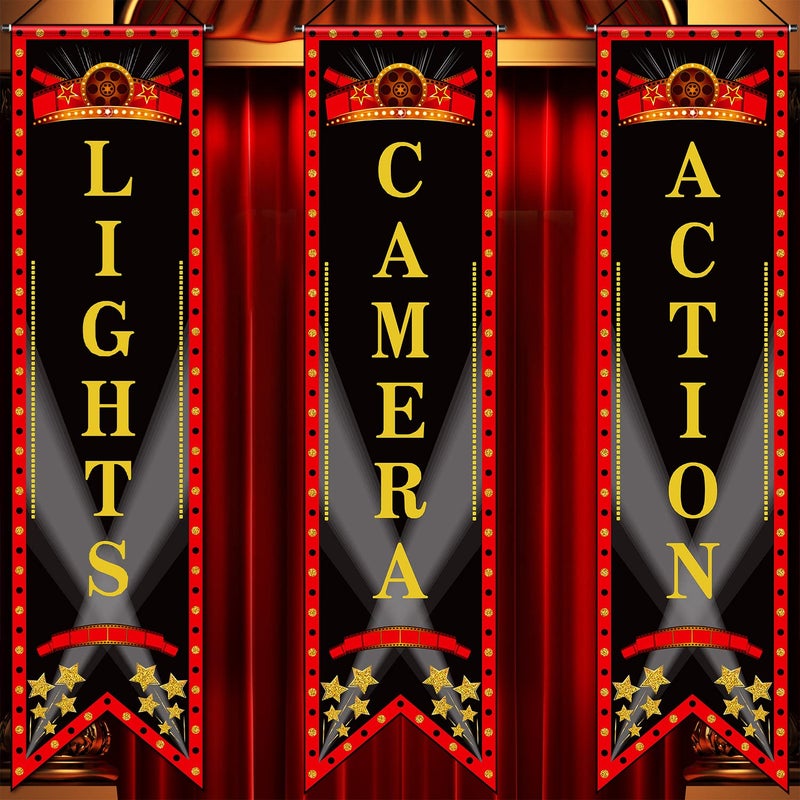 Tegeme Movie Night Porch Sign Banner Movie Theme Party Decorations Theater Welcome Now Showing Lights Camera Action Hanging Porch Sign for Home Film Backdrop Party Supplies (Delicate,Red and Black) - Image 1