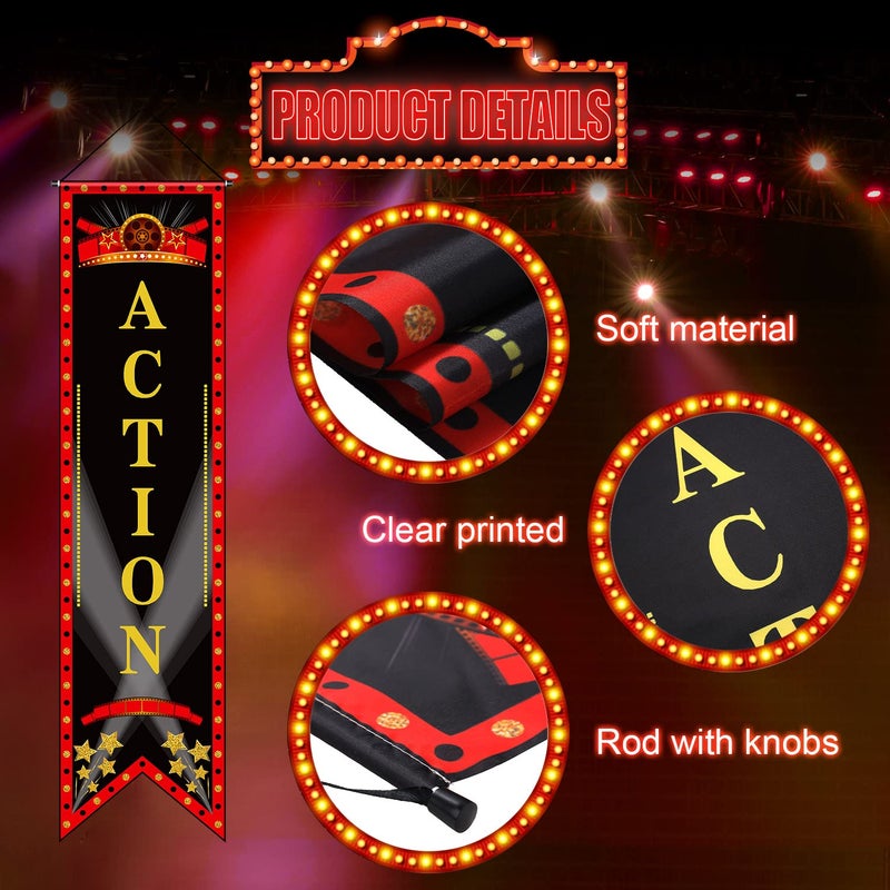 Tegeme Movie Night Porch Sign Banner Movie Theme Party Decorations Theater Welcome Now Showing Lights Camera Action Hanging Porch Sign for Home Film Backdrop Party Supplies (Delicate,Red and Black) - Image 3