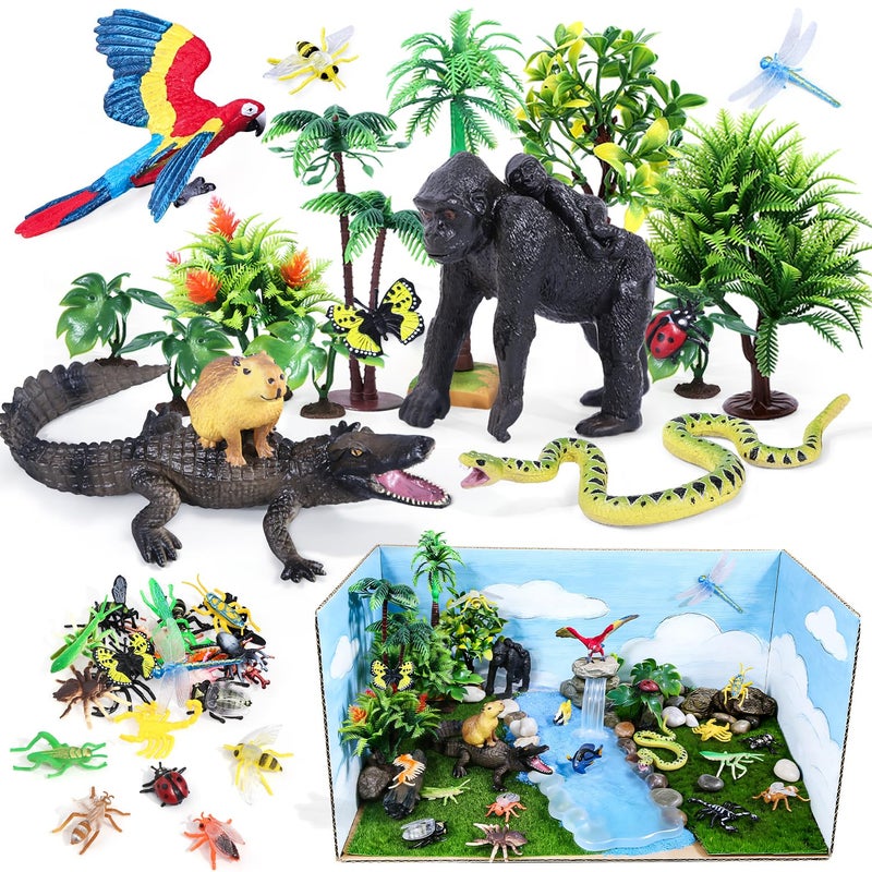 SIENON 39Pcs Realistic Rainforest Animal Figurines Set Rainforest Diorama Supplies with Gorilla Parrot Crocodile Capybara Jungle Animals Model Tree Playset for Kids School Project Birthday Decoration - Image 1