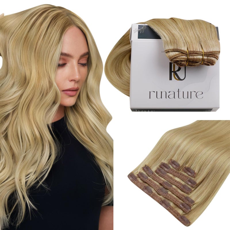 RUNATURE Blonde Clip in Hair Extensions Real Human Hair Remy Hair Extensions Clip Ins for Women Double Weft Thick Clip in Extensions 12 Inch 80g 7pcs 16P24 Golden Blonde Highlights
