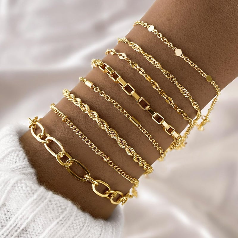 IFKM Gold Bracelets for Women, 14K Gold Plated Dainty Link Chain Bracelet set, Trendy Stackable Layered Bracelets jewelry Gifts - Image 3
