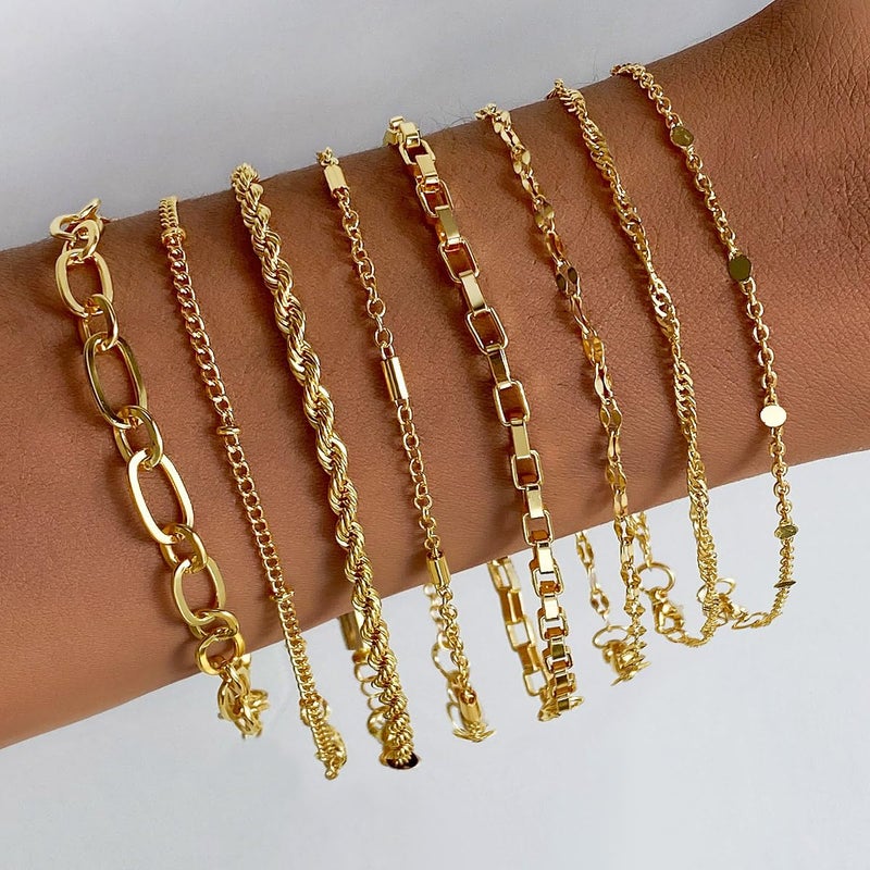 IFKM Gold Bracelets for Women, 14K Gold Plated Dainty Link Chain Bracelet set, Trendy Stackable Layered Bracelets jewelry Gifts - Image 2