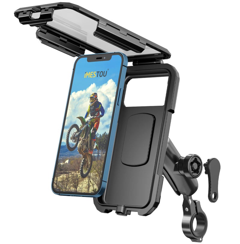 iMESTOU Anti-Theft Waterproof Motorcycle Phone Holder Bike Phone Mount 1" Ball Handlebar Stem Mobile Holder with Double Socket Arms 720Â° Rotation Aluminium Base for 5.5"-6.8" Cellphones (L) - Image 1