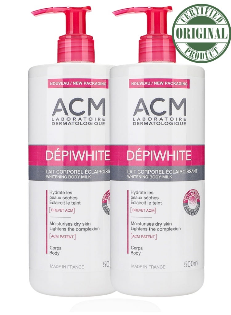 اكم لابرتوري ديرماتولوجيك مشكلة البقع الداكنة وتفاوت لون الجسم – مجموعة لوشن الجسم ACM Dépiwhite 500ml ×2 لتفتيح البشرة وترطيبها وتصحيح التصبغات - Image 1