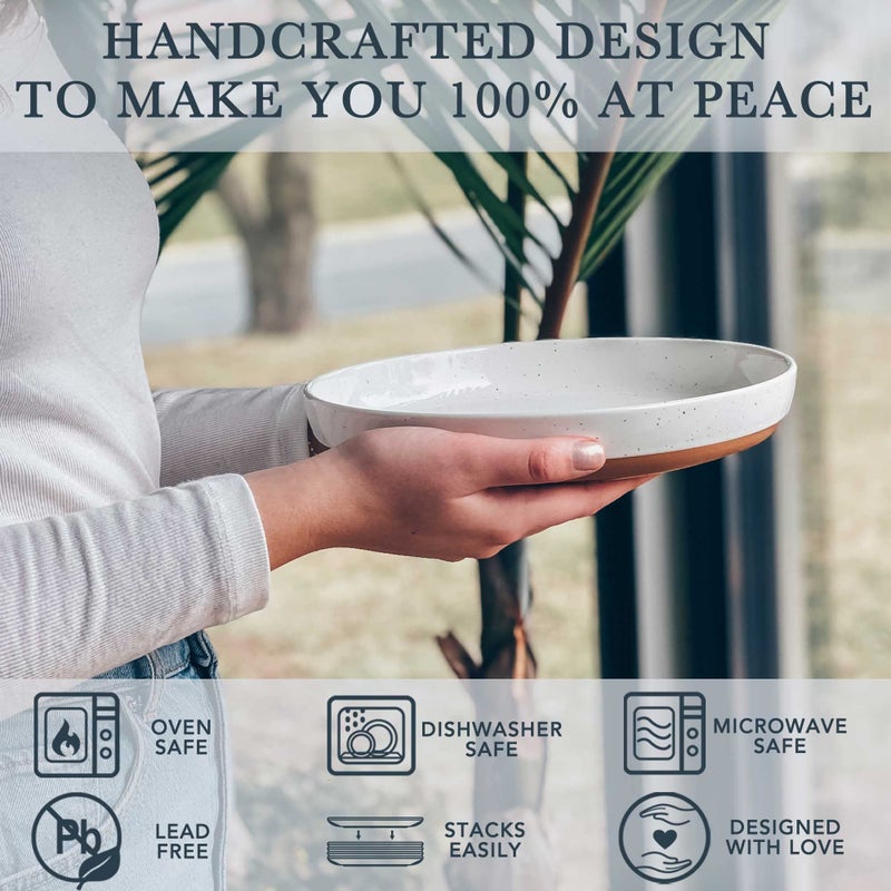 MORA Ceramic Flat Pasta Bowl Set of 4-35oz, Microwave Safe Plate with High Edge - Modern Porcelain Dinnerware for Kitchen and Eating, Large Wide Bowls/Plates for Serving Dinner, Salad, etc- Vanilla - Image 3