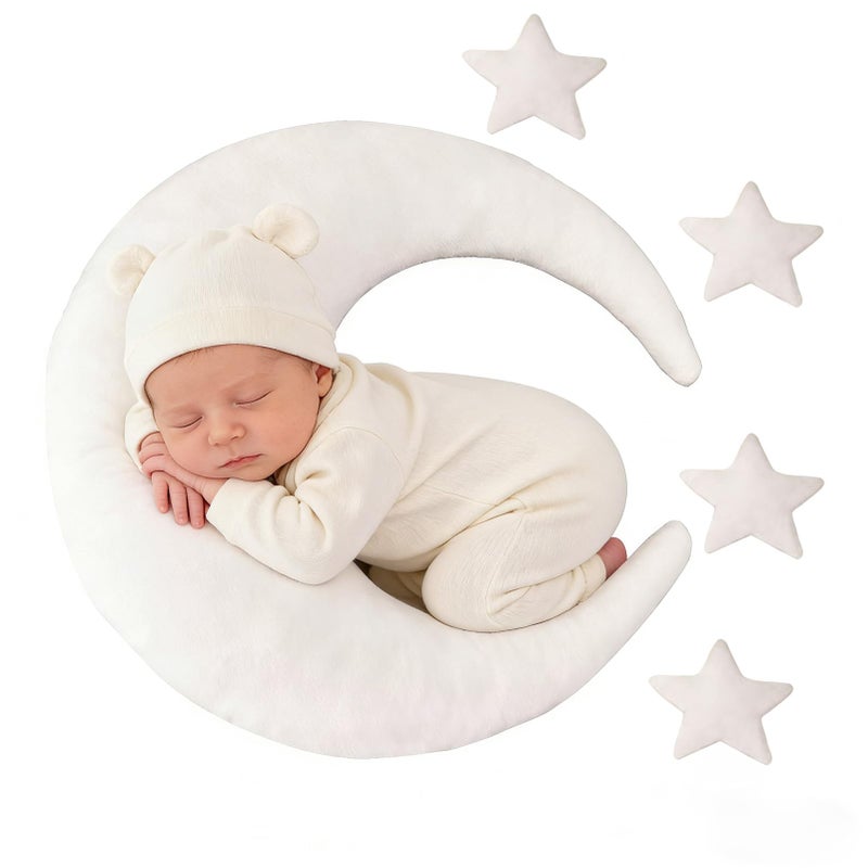 MehelloFeather Newborn Photography Props 5Pcs Baby Moon Star Pillow Set Newborn Photography Posing Pillows Adjustable Photography Props, White - Image 1