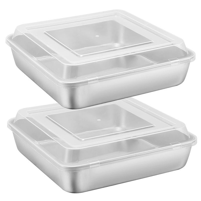 Efar 9 Inch Square Cake Pan with lid 9x9 Baking Brownie Pans Stainless Steel Bakeware Set of 2 Nontoxic  Healthy Easy Clean  Dishwasher Safe  4 Pieces2 Pans  2 Lids