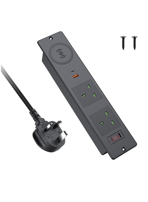 Recessed Desk Power Socket USB C, Desk Power Strip with 2 UK Plugs, PD 20W USB A+C, Desk Socket with Overload Switch, 2M Cable, Black