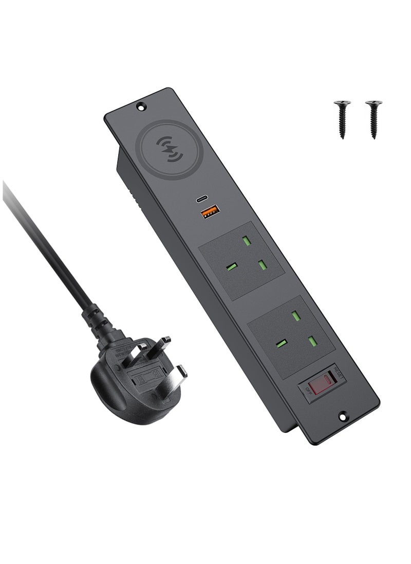Excefore - Recessed Desk Power Socket USB C, Desk Power Strip with 2 UK Plugs, PD 20W USB A+C, Desk Socket with Overload Switch, 2M Cable, Black - Image 1