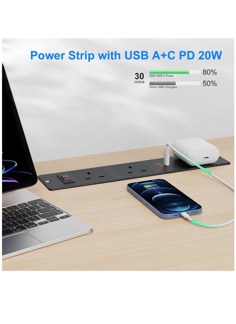 Excefore - Recessed Desk Power Socket USB C, Desk Power Strip with 2 UK Plugs, PD 20W USB A+C, Desk Socket with Overload Switch, 2M Cable, Black - Image 1
