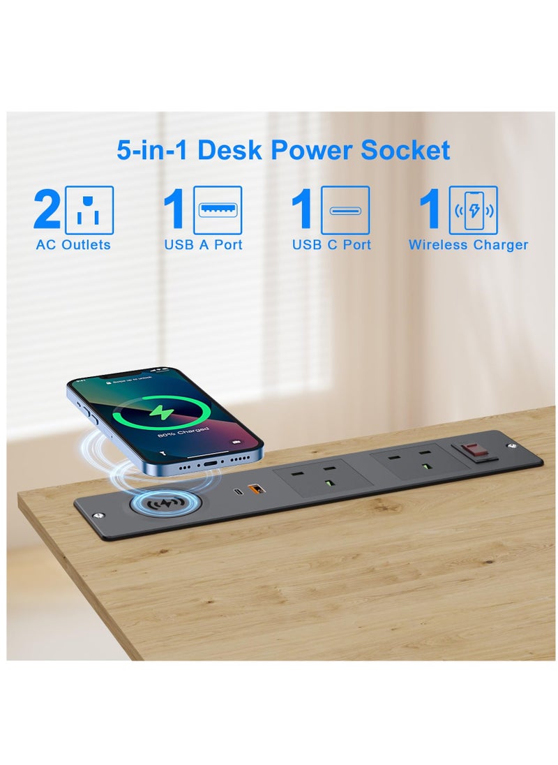 Excefore - Recessed Desk Power Socket USB C, Desk Power Strip with 2 UK Plugs, PD 20W USB A+C, Desk Socket with Overload Switch, 2M Cable, Black - Image 1